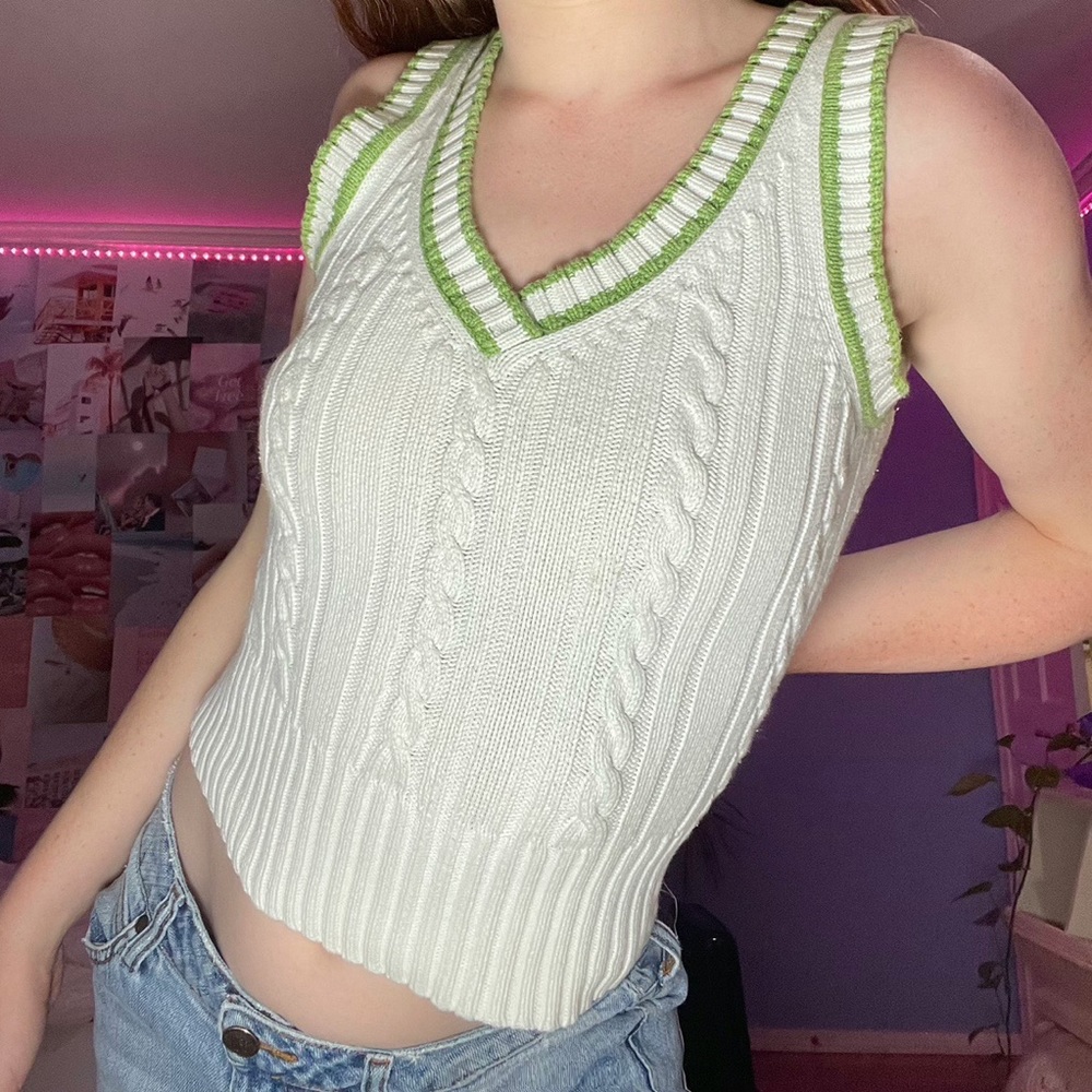 White and Green Cable Knit Sweater Vest